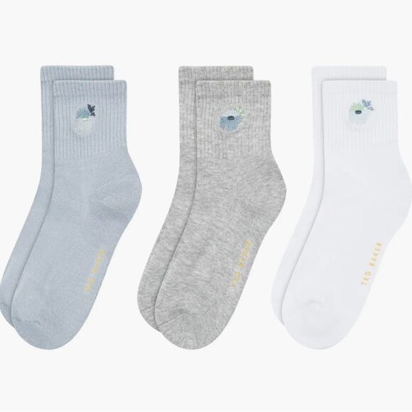 Ted Baker Blue Gray White High Quarter Crew Floral Embroidery Stretch Socks 3pk - Picture 2 of 12